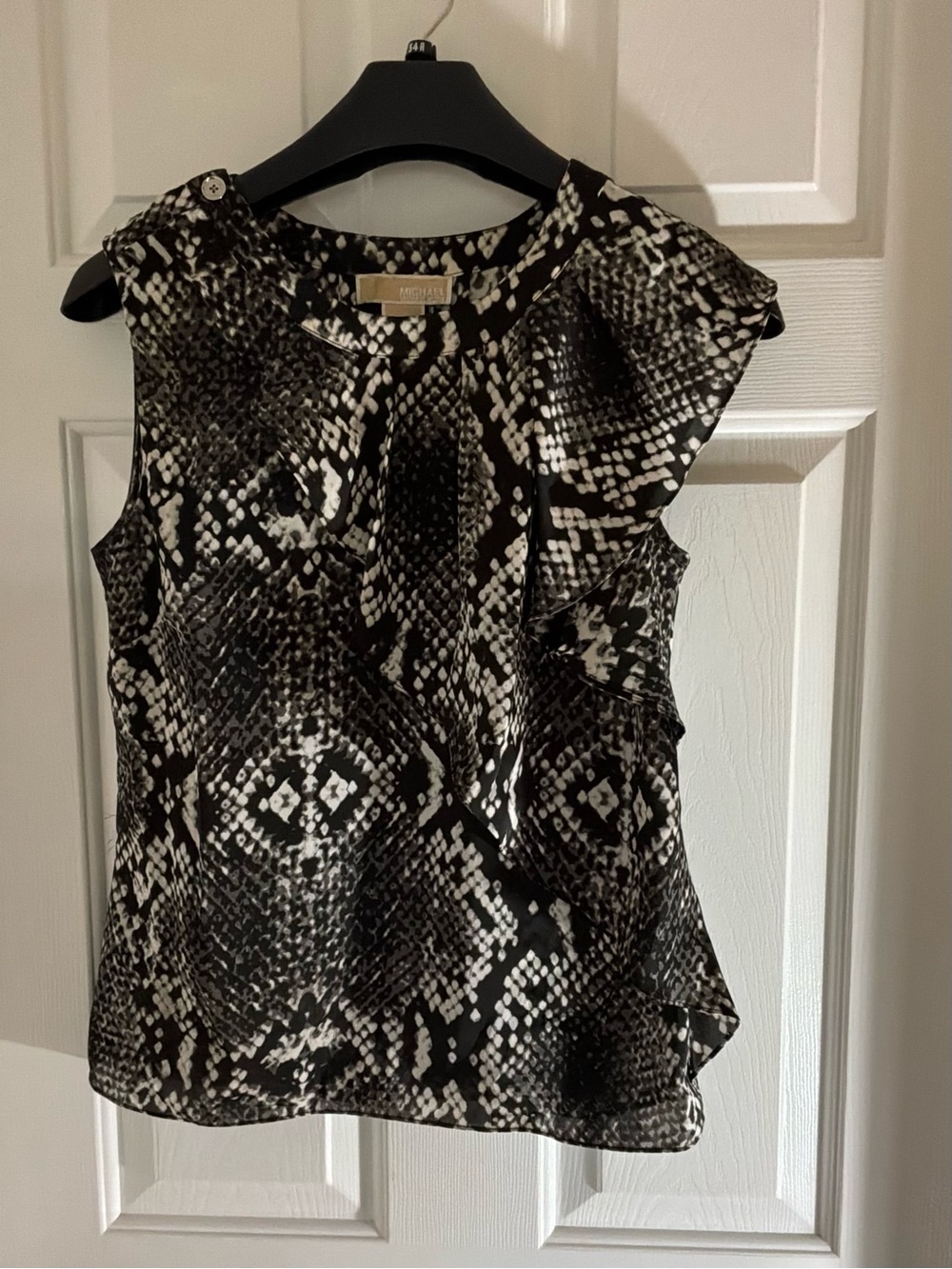 Michael Kors Black and White Snake-Print Ruffle Sleeveless Top